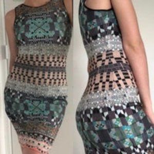 Clover Canyon Black/Tan Jeweled Tapestry Sheath Dress